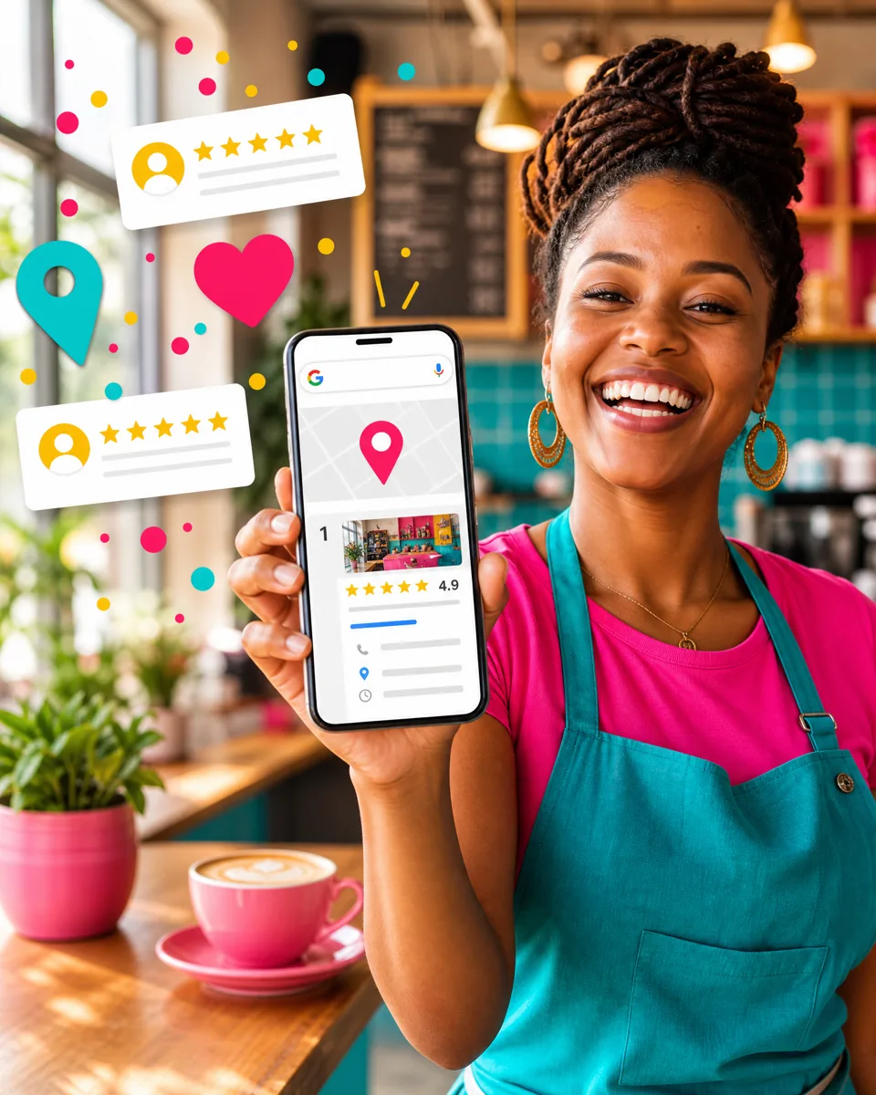 Happy business owner celebrating her business ranking #1 on Google with 4.9-star reviews